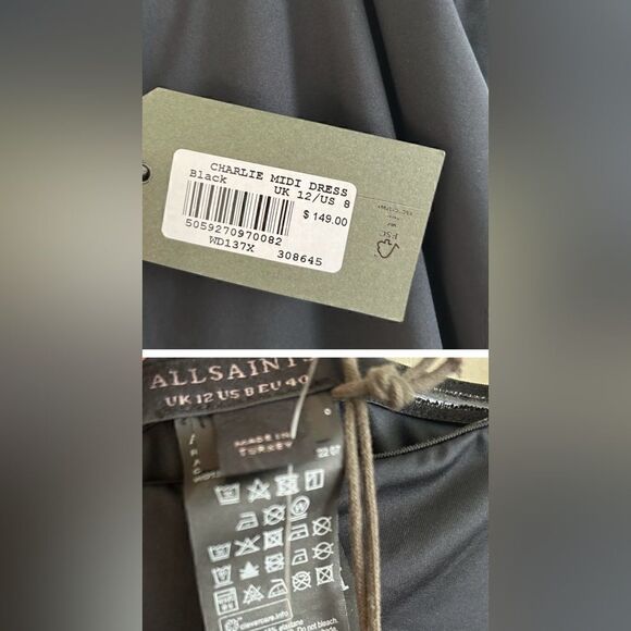 NWT Allsaints Charlie Black Slip Midi Dress Sz 8 Optional Straps - Picture 4 of 4